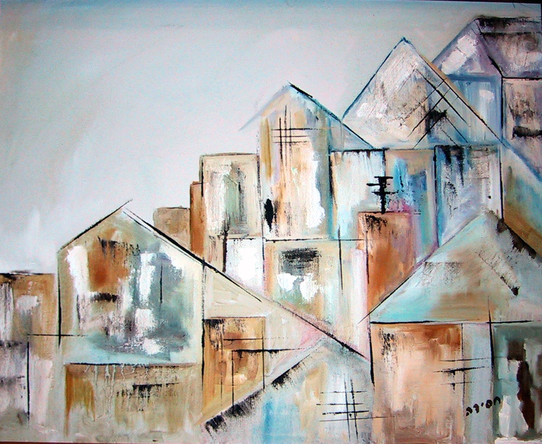 Abstract oil painting of pale houses and rooftops