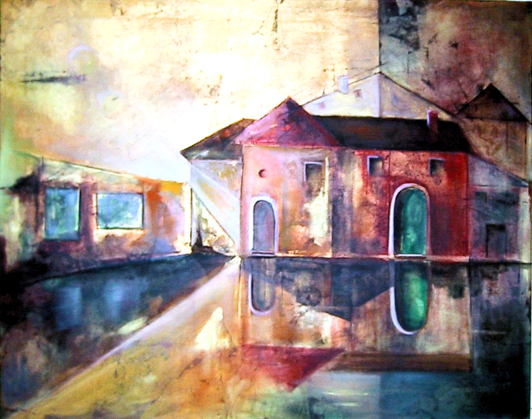 Oil painting of a red house reflected in water