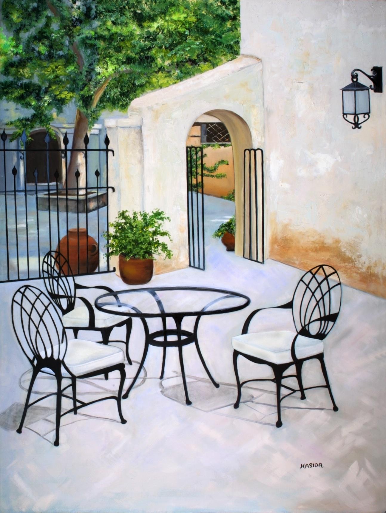 Oil painting of a courtyard patio with iron table and chairs