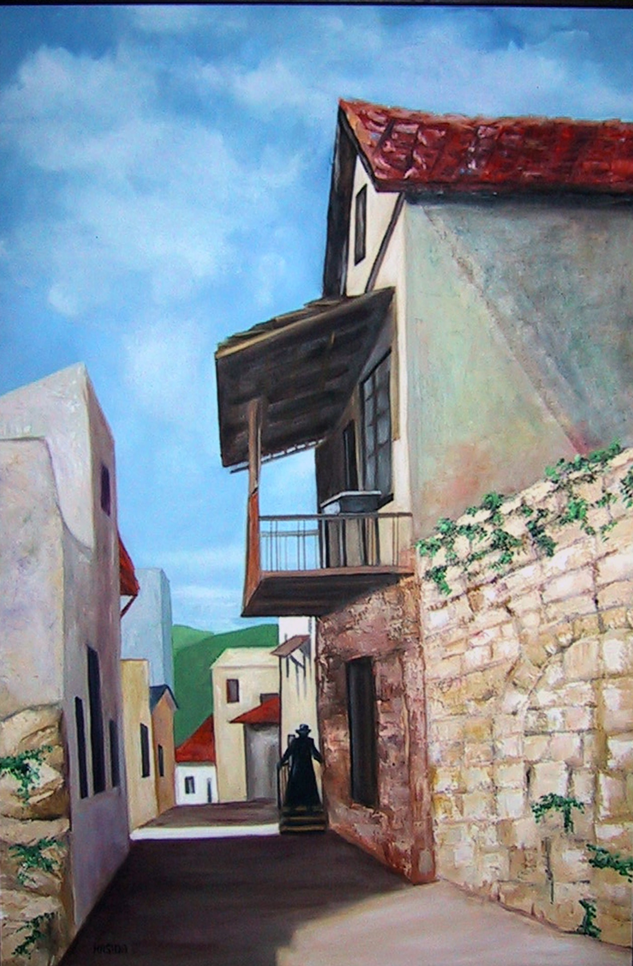 Oil painting of an old city alley with stone walls
